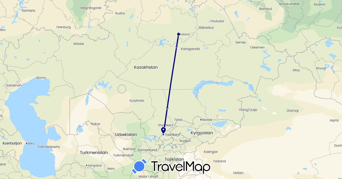 TravelMap itinerary: driving in Kazakhstan, Uzbekistan (Asia)